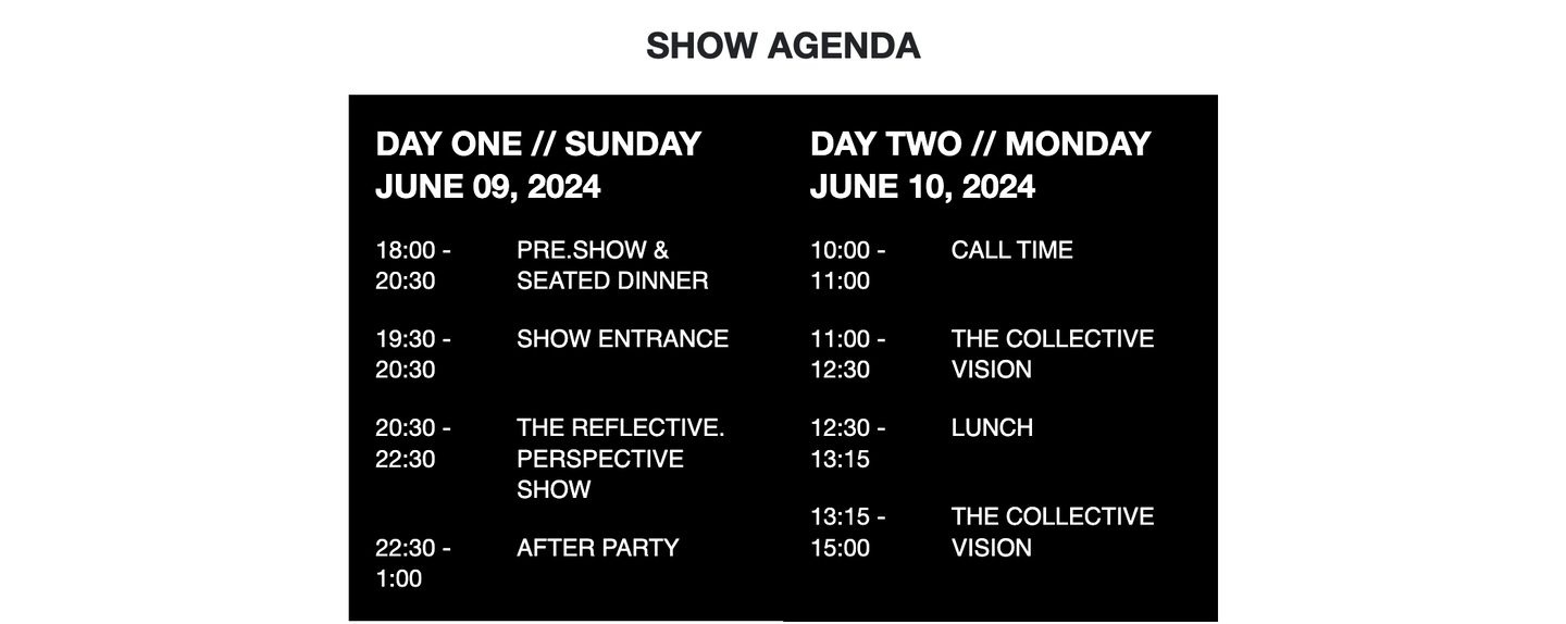 Event schedule for the KEVIN.MURPHY REFLECTIVE PERSPECTIVE show in Budapest, detailing sessions over two days.